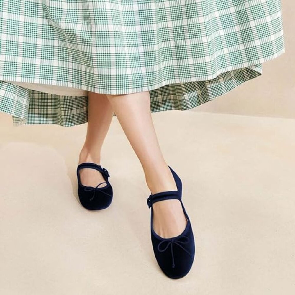 Women's Navy Blue Mary Jane Flats with Bow